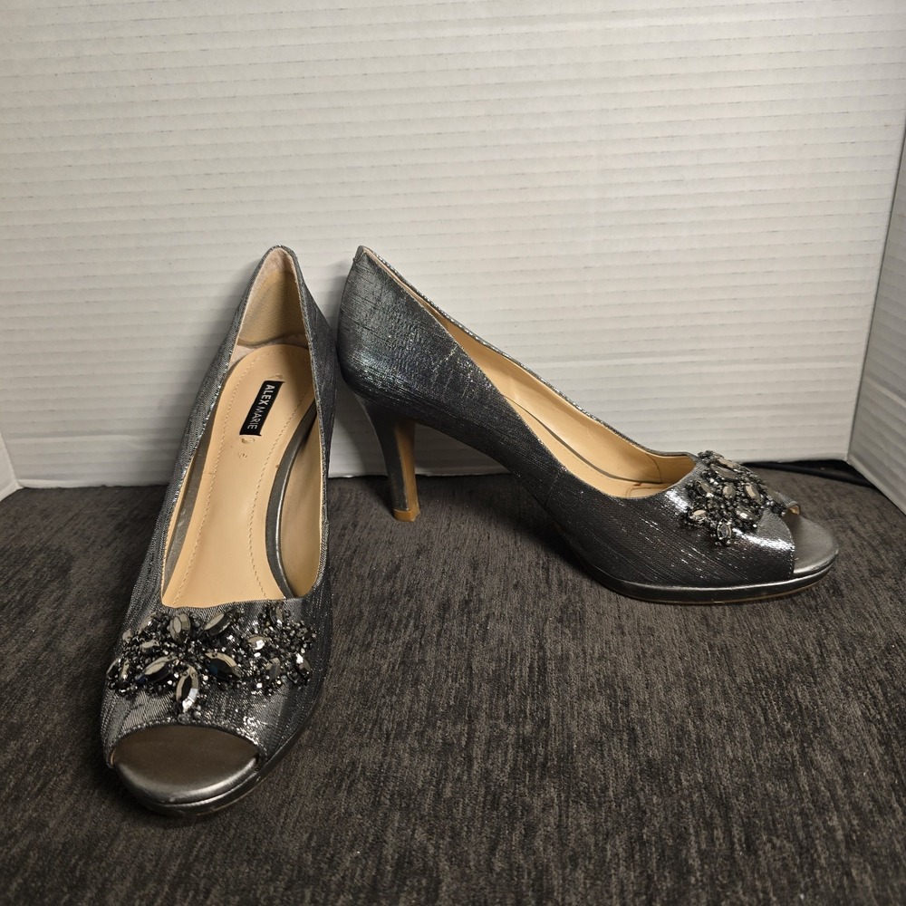 Alex Marie Womens Silver Peep Toe Pumps Size 7.5 Y2K Prom Glam Party NYE Formal